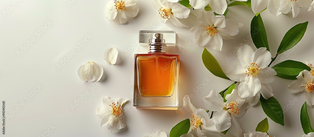 Poster White background with a fragrant perfume bottle and lovely jasmine flowers in a flat lay composition providing room for text in the copy space image