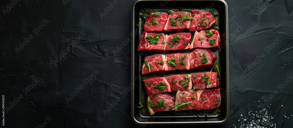 Poster a top down view of a steel tray with sliced wagyu new york beef or striploin steak garnished with he