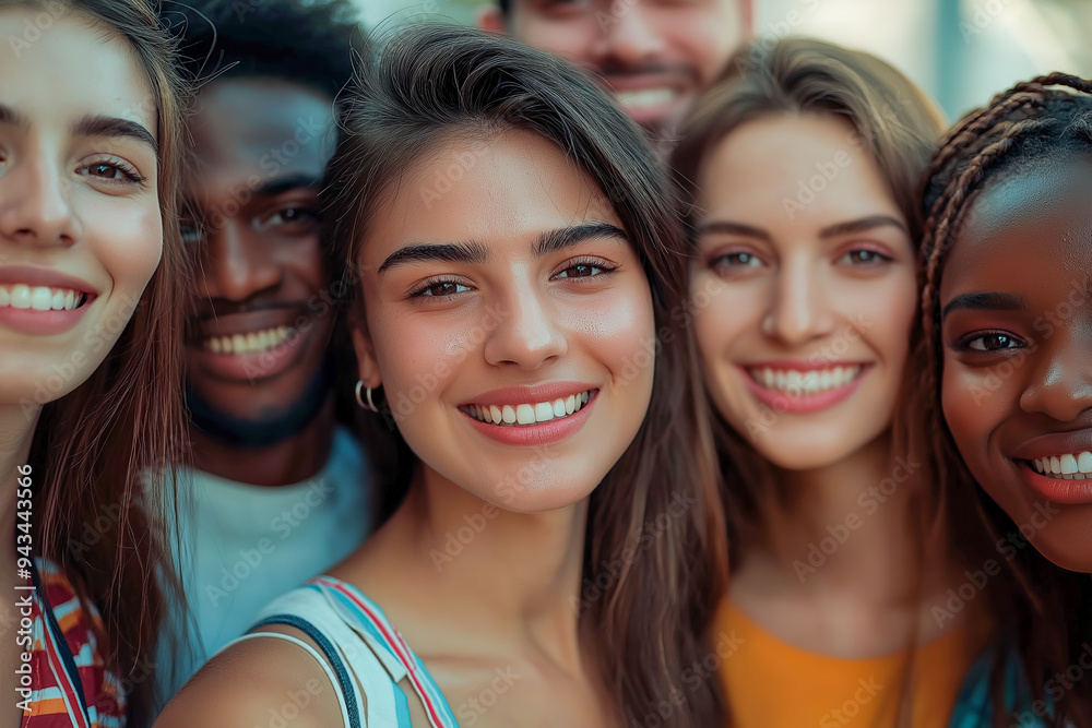 Wall mural close-up portrait of a diverse group of young adults smiling at the camera, showcasing multicultural