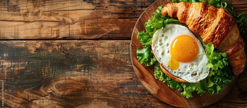 Poster top view of a healthy breakfast featuring a croissant sandwich with egg cheese and fresh green lettu