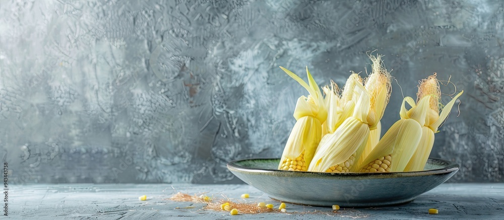 Poster fresh baby corn with red silk still in the husk presented on a sieve plate on a gray table backgroun