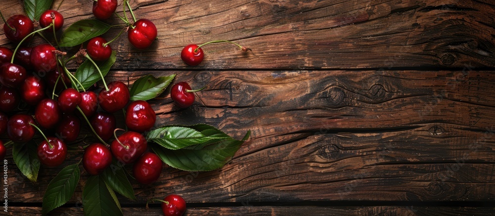 Aufkleber Fresh ripe cherries with leaves displayed on a textured wooden surface creating a visually appealing copy space image for vegan and healthy eating messages