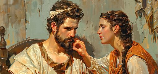 Romantic Ancient Couple Portrait with Woman Touching Man's Beard in Painted Style