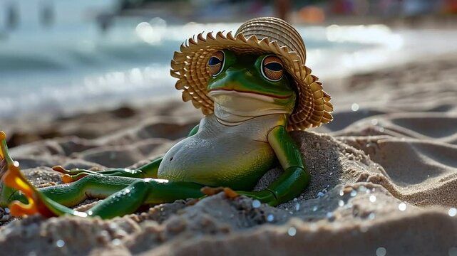A relaxing frog soaking up the sun on a sandy beach while wearing a cute straw hat during a sunny day