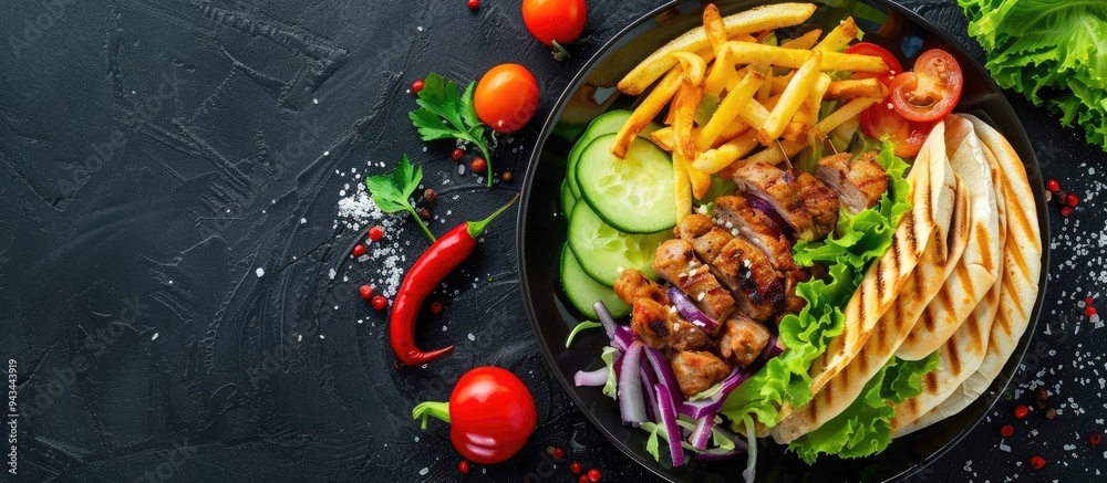 Poster Top down view of doner kebab or gyros served on a plate with fries veggies and salad on a black backdrop with ample copy space image