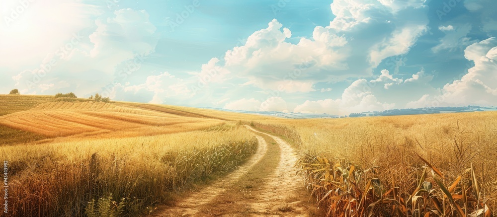 Poster a scenic rural landscape with a trail through a golden field stretching towards the horizon framed b