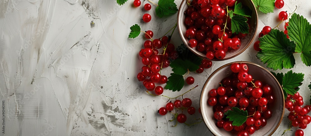 Aufkleber Top down view of a bowl on a white table containing fresh red currants and leaves with ample copy space image available