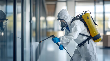 A technician in protective gear sanitizes a modern office environment, ensuring a safe workspace for employees as part of a routine cleaning protocol during the pandemic