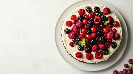 A close-up overhead shot of a delicious cheesecake with fresh raspberries, blackberries and cherries on top.