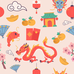 Seamless pattern Chinese new year festival elements