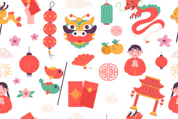 Seamless pattern Chinese new year festival elements flat design