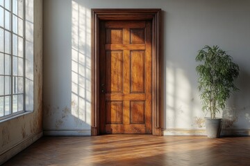 Obraz premium Modern Minimalist Apartment: Wooden Wardrobe, White Walls, and a Blank Space for Artwork