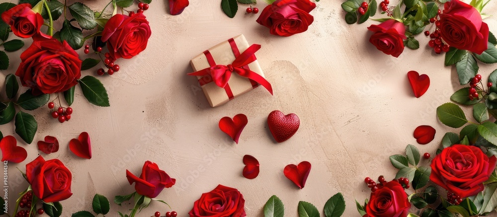 Poster A top view flat lay arrangement with a frame of vibrant red roses a gift box and a heart on a beige background creating a display with ample copy space for customization