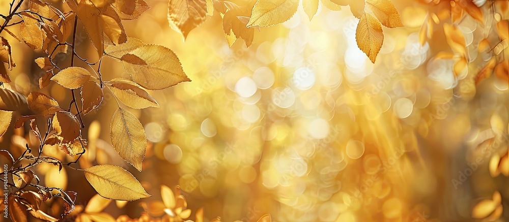 Aufkleber golden autumn scene in the forest with branches adorned in yellow leaves creating a natural backgrou