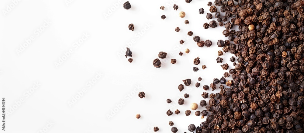 Aufkleber macro shot of black ground pepper on a white backdrop with copy space image
