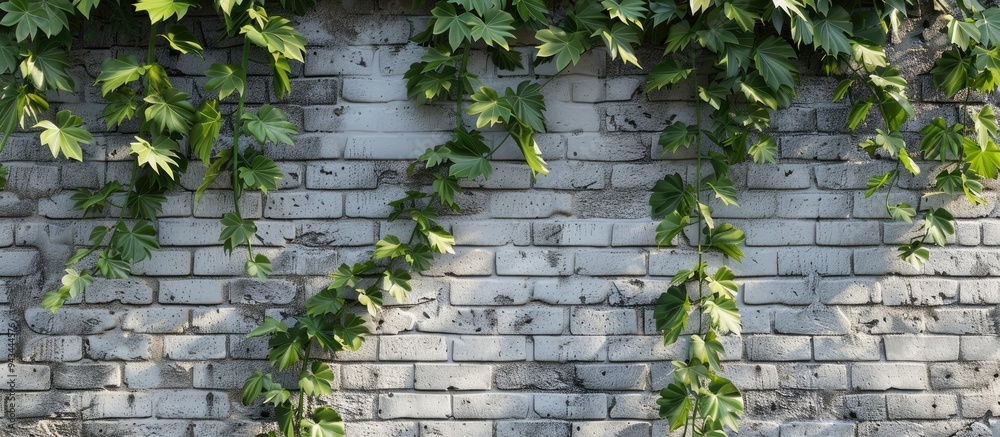 Poster gray brick wall with grapevine leaves providing texture ideal for copy space image