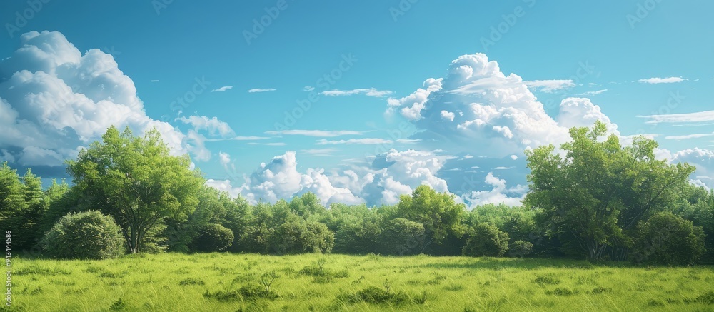 Aufkleber Scenic view of a grassy field with a cluster of trees and fluffy cumulus clouds in the sky ideal for a copy space image