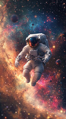 Astronaut floating amidst colorful cosmic galaxy scenery.