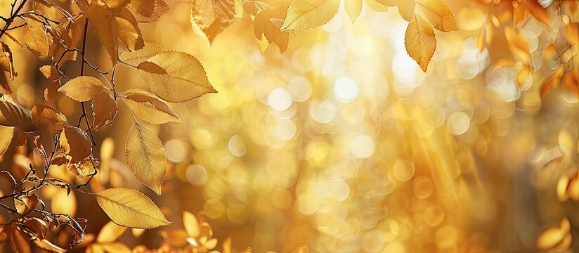 Golden autumn scene in the forest with branches adorned in yellow leaves creating a natural background for a copy space image