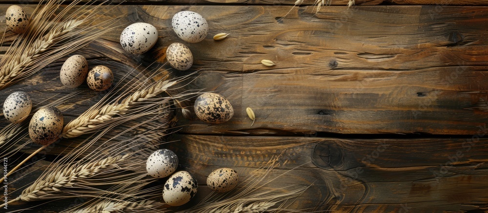 Aufkleber wooden background with a board displaying fresh quail eggs feathers and wheat allowing for copy spac