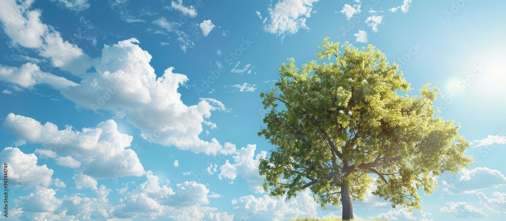Poster Sunny day with a tree against a backdrop of blue sky and fluffy white clouds suitable as a copy space image