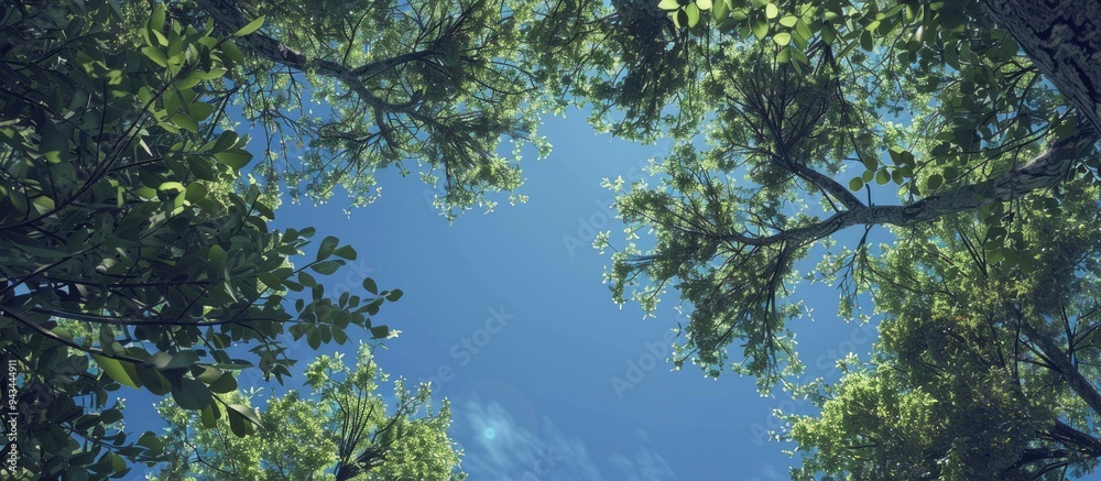 Aufkleber looking up through the treetops creates a natural copy space image as the greenery surrounds the cle