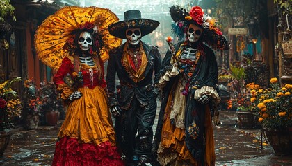 Fototapeta premium Halloween celebration featuring vibrant Día de los Muertos skeletons in traditional attire, ideal for event promotions, social media, and festive designs with copy space.