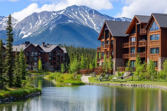 A scenic image showing wooden lodges by a calm pond with a magnificent backdrop of snow-capped mountains, surrounded by lush greenery, creating a peaceful and picturesque setting.