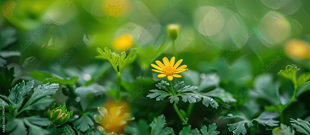 Poster greenery background with a small yellow wild flower perfect for copy space image