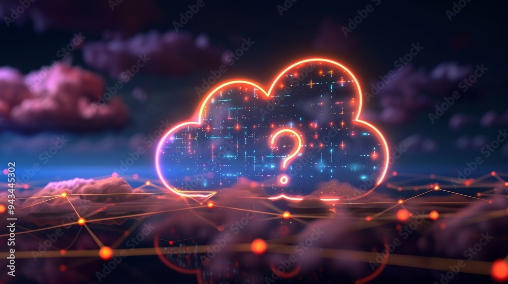 Wall mural cloud computing question, data security. neon cloud icon with question mark in digital landscape.