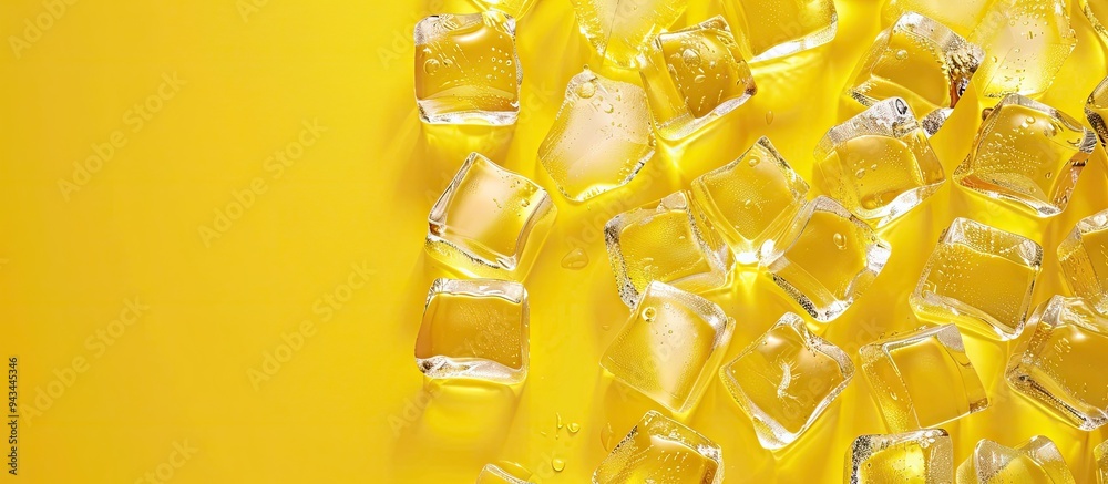 Poster Yellow backdrop featuring transparent ice cubes perfect for text placement in a flat lay copy space image