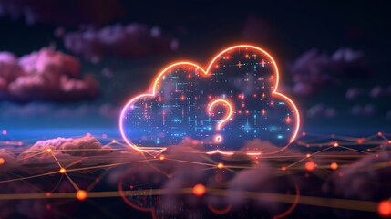 Cloud Computing Question, Data Security. Neon Cloud Icon with Question Mark in Digital Landscape.