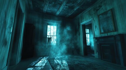 AR haunted house effects, ghostly apparitions appearing in real rooms, eerie ambiance, 3D animation
