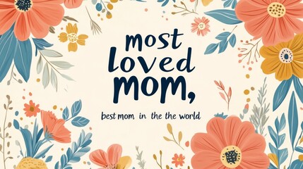 An elegant floral pattern with the touching message 'most loved mom, best mom in the the world,' showcasing vibrant flowers and celebrating maternal love and admiration.