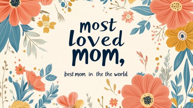 An elegant floral pattern with the touching message 'most loved mom, best mom in the the world,' showcasing vibrant flowers and celebrating maternal love and admiration.