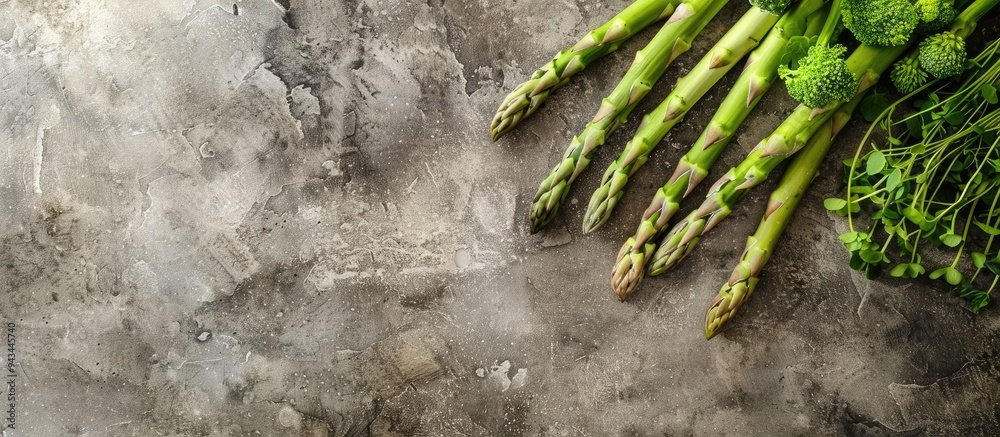 Leinwandbilder top view of fresh asparagus displayed on a concrete background with a copyspace image