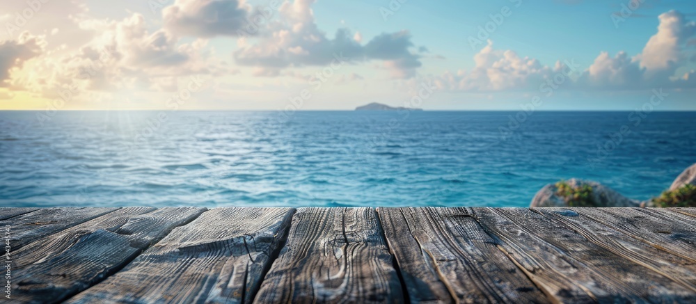 Aufkleber Sea view on an island with a charming wooden log serving as a table background featuring ample copy space for an image