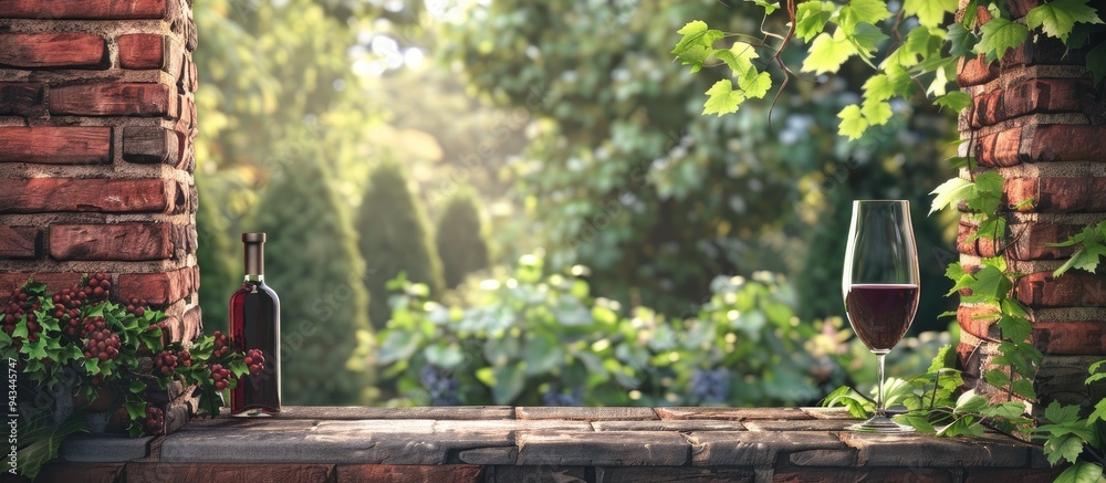 Aufkleber A brick wall with a window wine and trees in the background creating a serene setting for a copy space image