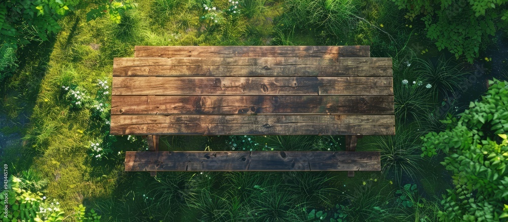 Aufkleber aerial perspective of a rustic wooden picnic table in the backyard with copy space image
