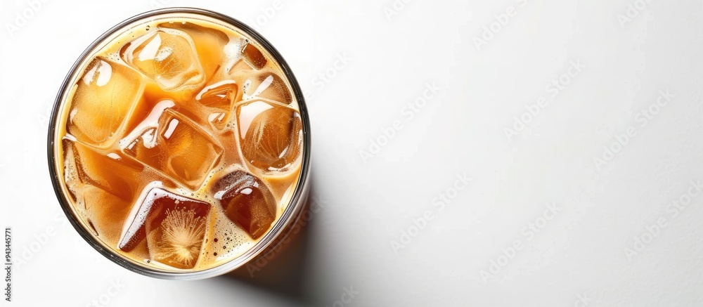 Poster latte iced coffee presented on a white backdrop highlighting the concept of isolation with copy spac