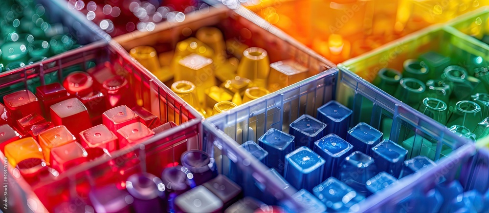 Poster Blurred shot of a diverse set of plastic building blocks arranged in a container box with ample copy space image