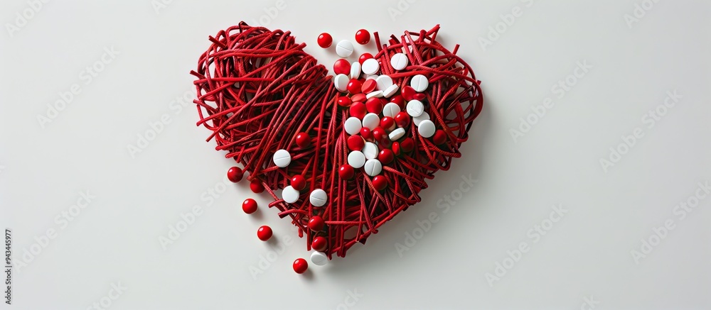 Aufkleber Top down view of red string arranged in a heart shape with white pills on a plain background ideal for a copy space image