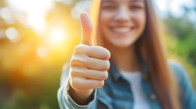 A warm and friendly portrait of a person giving a bright cheerful thumbs up gesture conveying a sense of encouragement approval and successful achievement