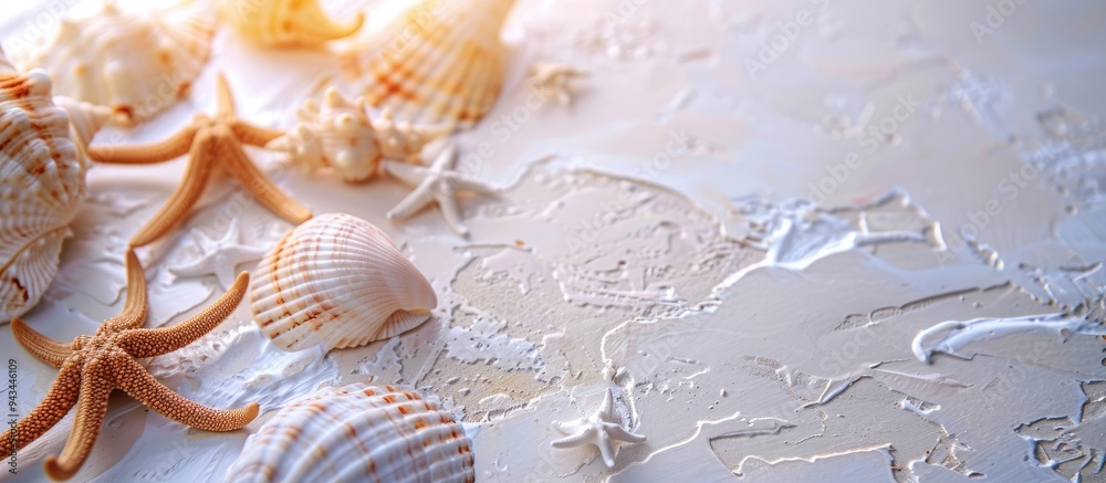 Fototapete a summer vibe with sea shells or starfish displayed on a table background providing room for text in