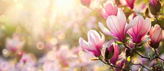 Spring garden with pink magnolia flowers on a floral backdrop with copy space image