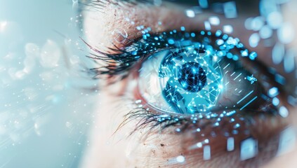 A closeup of an eye iris recognition technology for secure access, digital elements around it, symbolizing the integration and visualization in vision technology