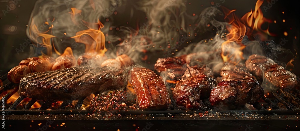 Poster Image of various meats grilling on a barbecue with flames and smoke showcasing American cuisine with copy space for text