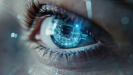 A closeup of an eye iris recognition technology for secure access, digital elements around it, symbolizing the integration and visualization in vision technology