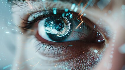 A closeup of an eye iris recognition technology for secure access, digital elements around it, symbolizing the integration and visualization in vision technology