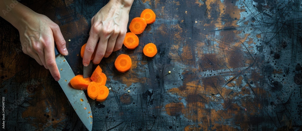 Poster top view photo of an unidentifiable woman slicing a carrot into quarters with a knife with copy spac